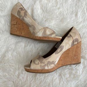 Tom's White and Earthy Toned Camo Peep Toe Cork Wedge